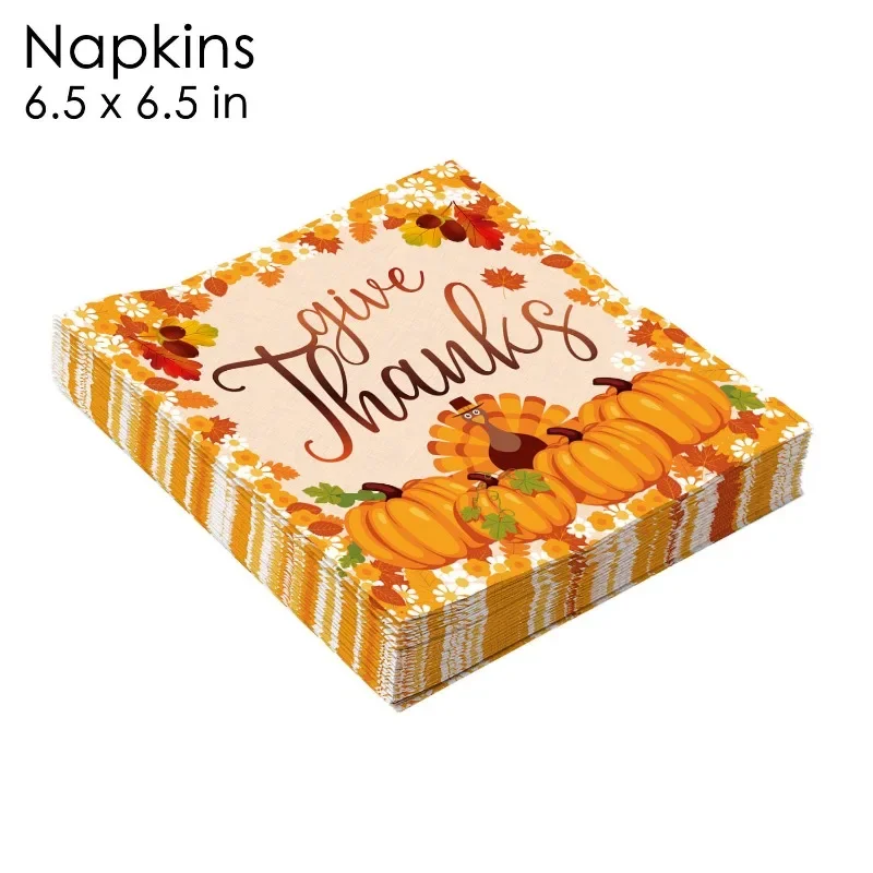 20pcs 33cm 2-Ply Thanksgiving Elements Pumpkin Autumn Tissue Paper Napkins Yellow Background Turkey Full Page Print Napkins