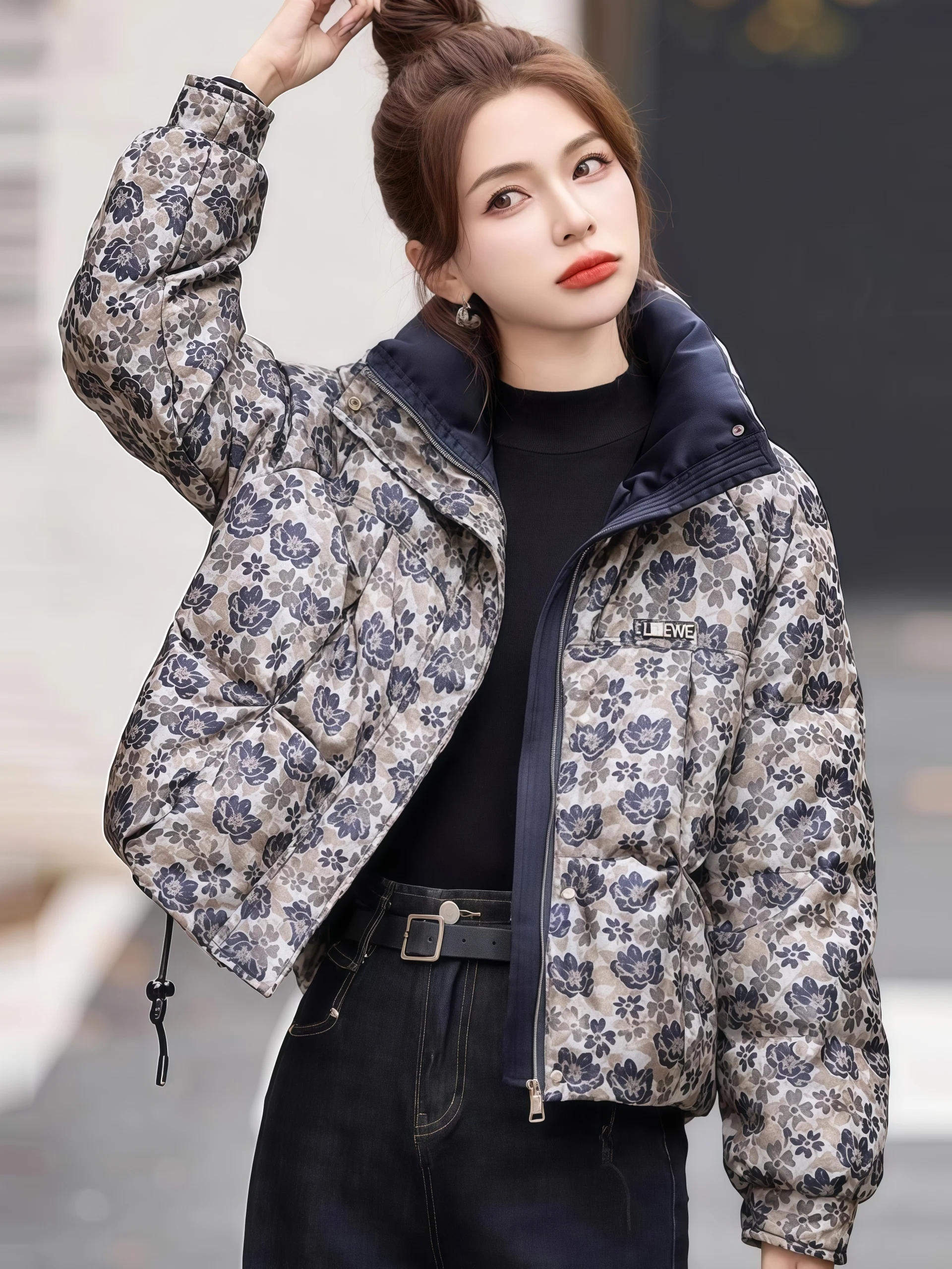 

Корейская утепленная хлопковая куртка для женщин больших размеров, приталенная, с воротником-стойкой, с цветочной вышивкой, зимняя новинка