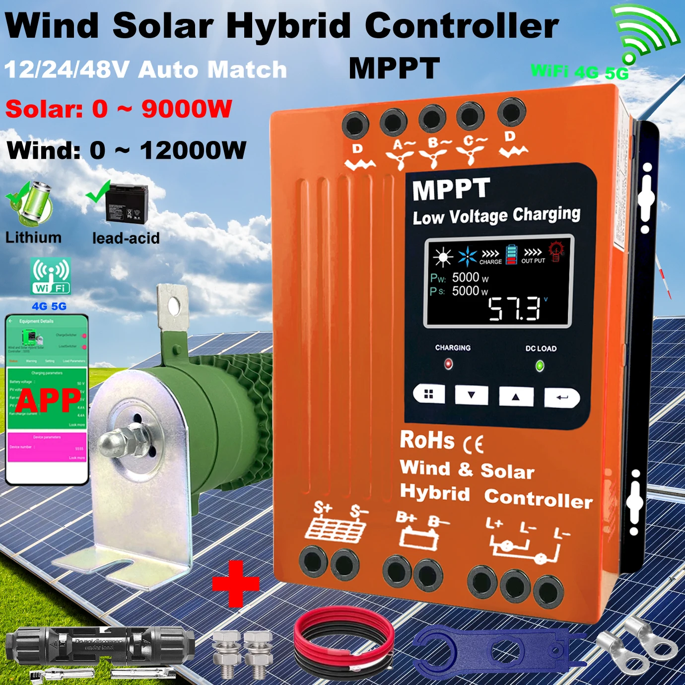 

3000W 4KW WIFI Hybrid Solar Wind Charge Controller Power System MPPT Solar Regulator For 12V 24V 48V Lithium Lead-acid Battery