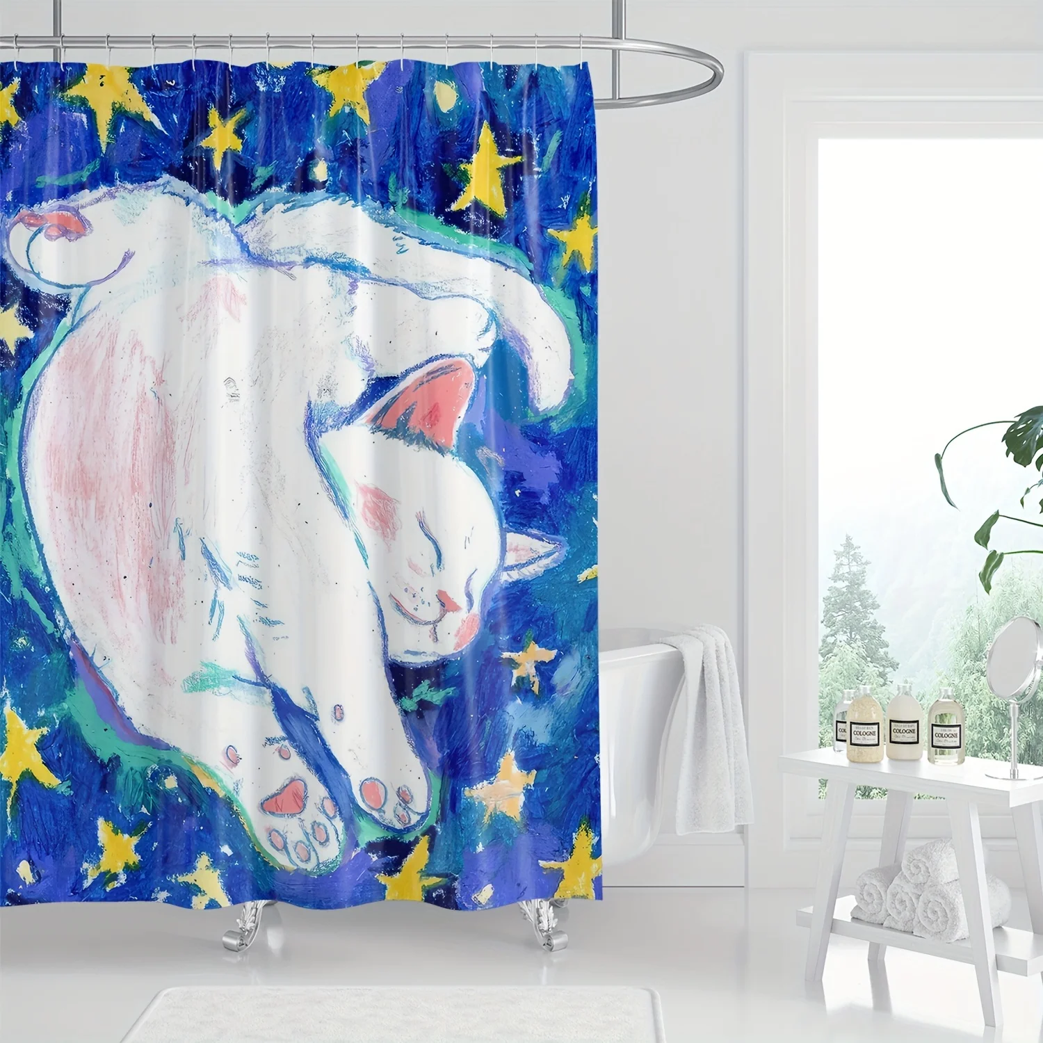 

Скандинавская минималистичная занавеска для душа с белым котом из мультфильма — полиэстер, яркий дизайн звездной ночи, можно стирать в машине, всесезонное использование