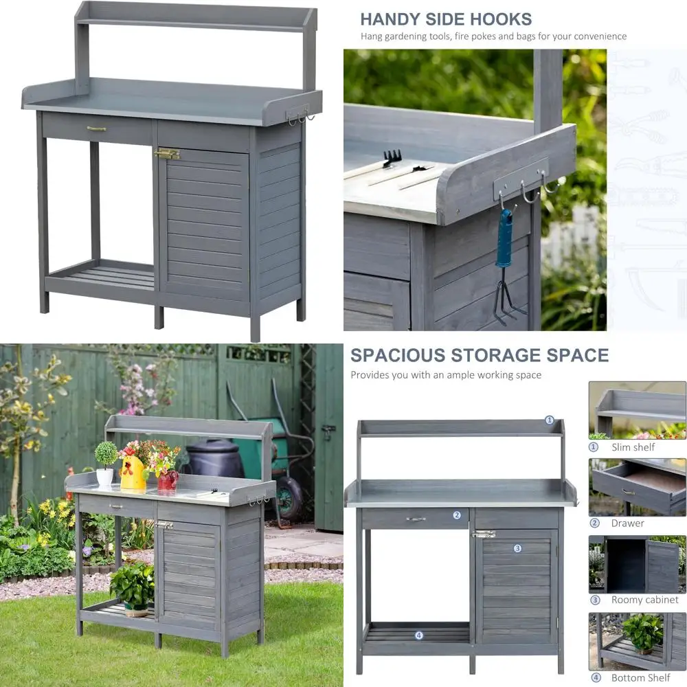 Garden Potting Bench with Storage, Work Station, Open Shelf, Steel Top, Gray