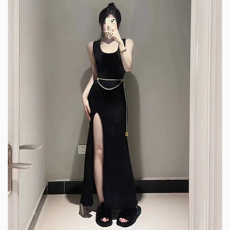 Y2K Women Black Long Dress Sexy Spaghetti Strap Female Dress Summer Koreans New Slit Slim All Match Chic Ladies Vestidos