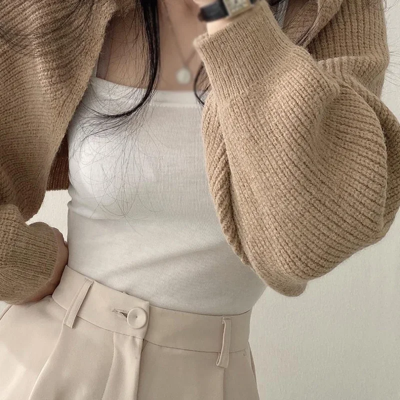 Autumn Knitted Short Cardigan Women\'s Lantern Sleeve Thick Sweater All-Match Shawl Fashion Ladies Top Solid Color