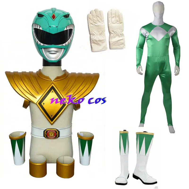 nekocos Kyoryu Sentai Zyuranger Green Stretch Satin Fabric fullset bodysuit mask belt armcover shoes Cosplay Costume Custom Size