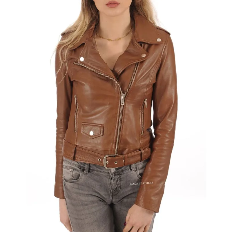 Women's Casual Fashion Biker 100% Genuine Lambskin Leather Jacket Outdoor Belted