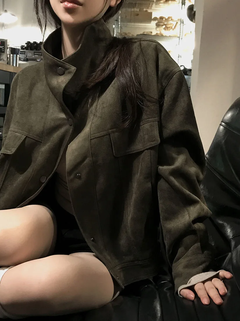 American Retro Motorcycle Jacket Short Women's Autumn Winter Loose Shape Small Jacket Top Thickened Composite Fabric Coat