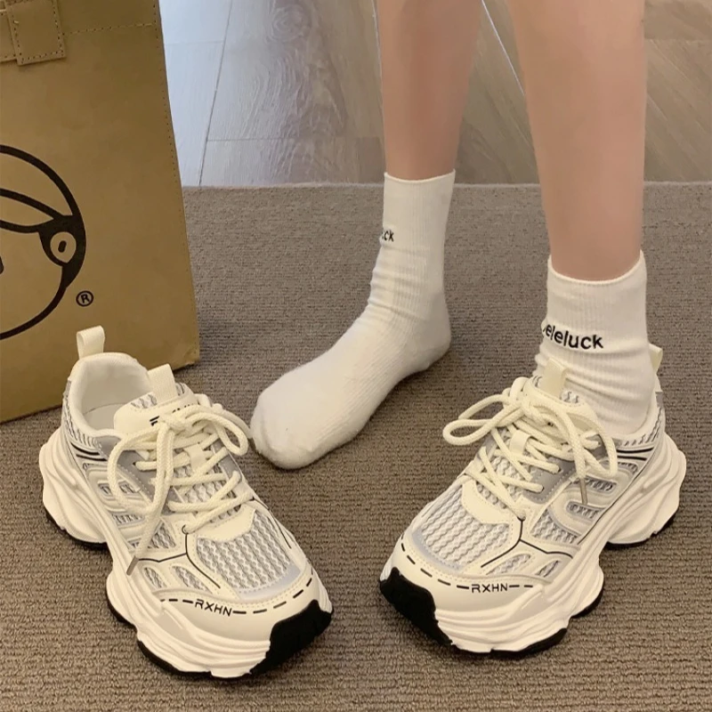 Women's Chunky Dad Shoes 2026 Autumn Breathable Mesh Sneakers Thick Sole Casual Sports Shoes Non-slip Lace Up Elevator Sneakers