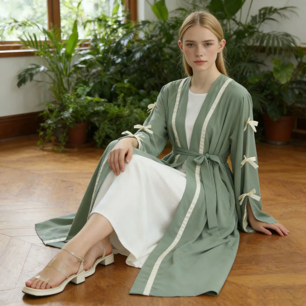 

Morocco Muslim Women Open Kimono Bow Abaya Jalabiya Modest Dress Long Sleeve Robe Dubai Kaftan Cardigan Arab Islamic Vestidos