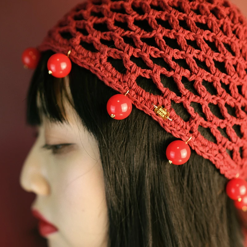 Sweet Rose Red Knitting Skeleton Hat Hollowed Out Handmade Spring Summer  Beanie Hats Breathable Sun Protection Mesh Cap Travel