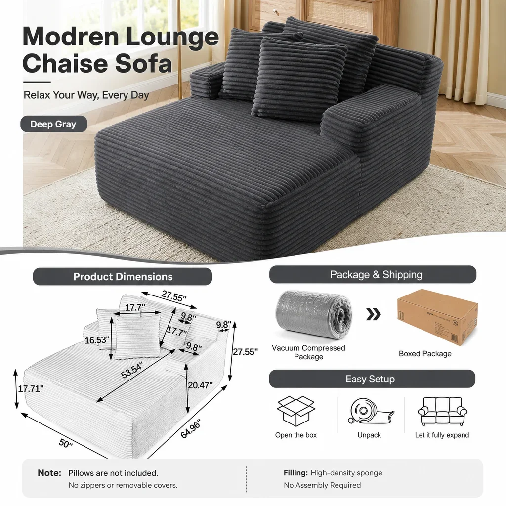 Oversized Chaise Lounge Single Lazy Sofa High Density Foam Floor Sofa No Assembly Required Compressed Sofa for Living Room Bedroom Reading Movie Time with Pillows