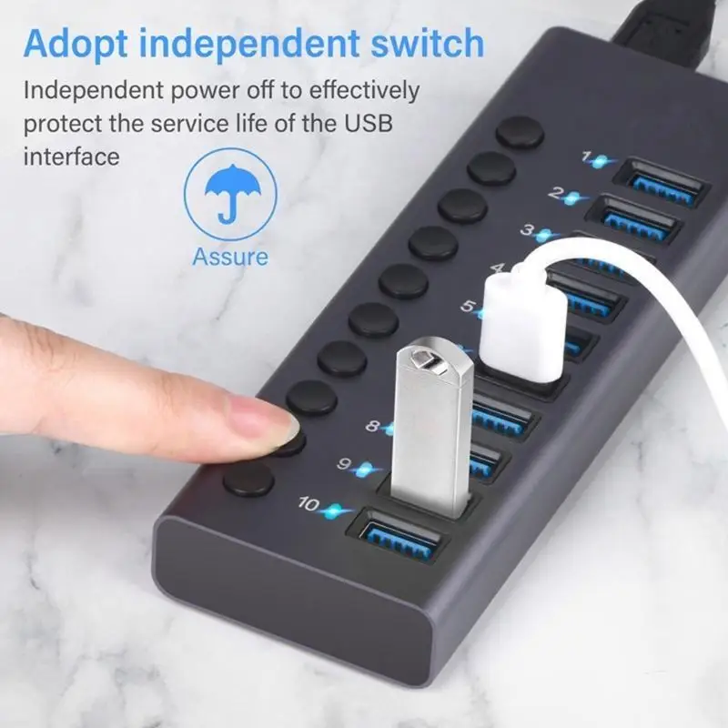 

652F 10 Port USB3.0 Hub USB Splitter Socket With Individual Switches 5Gbps For Efficient Data Transfer And Device Connection