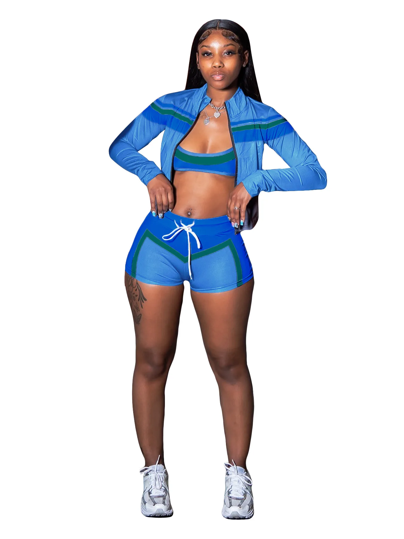 맞춤형 로고 여성 패션 프린팅 긴팔 넥랩 가슴 스트랩 반바지 스포츠 3종 세트