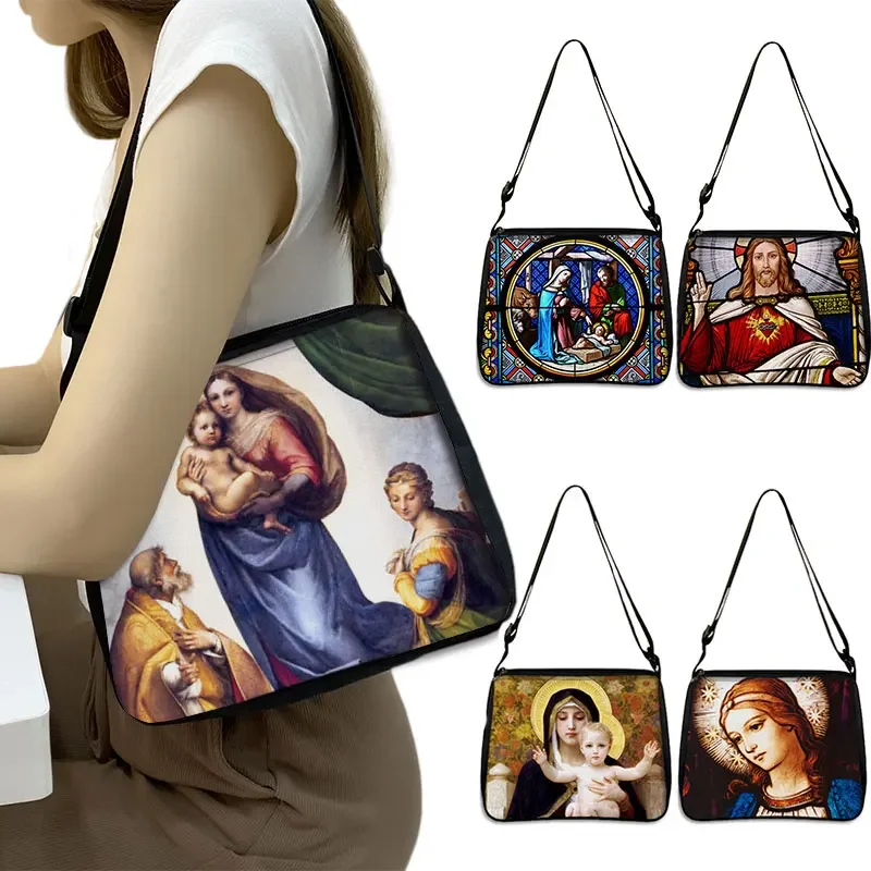 Vintage Jesus/Holy Mary Printed Handbag Ladies Fashion Shopping Bag Shoulder Strap Adjustable Length Shoulder Bag Tote Bag