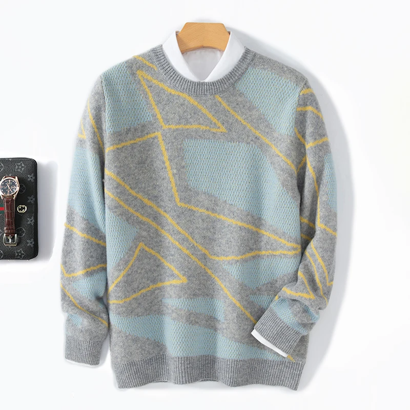 Autumn Winter Wool Men's Round Neck Color Matching Sweater Thickened Jacquard Business Casual Cashmere Knitted Bottoming Shirt