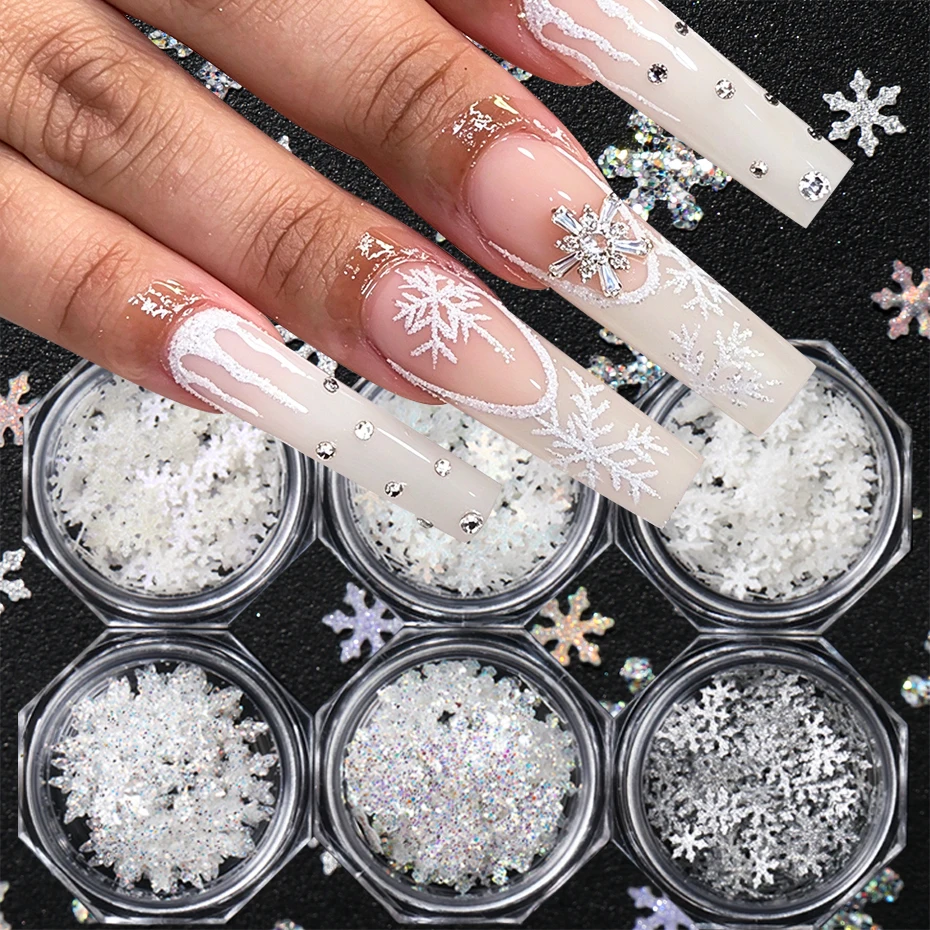 6 Boxes Sparkling Snowflake Nail Sequins 3D Multi-shaped Holographic Laser White Silvery Snowflakes Nail Glitter Decorations