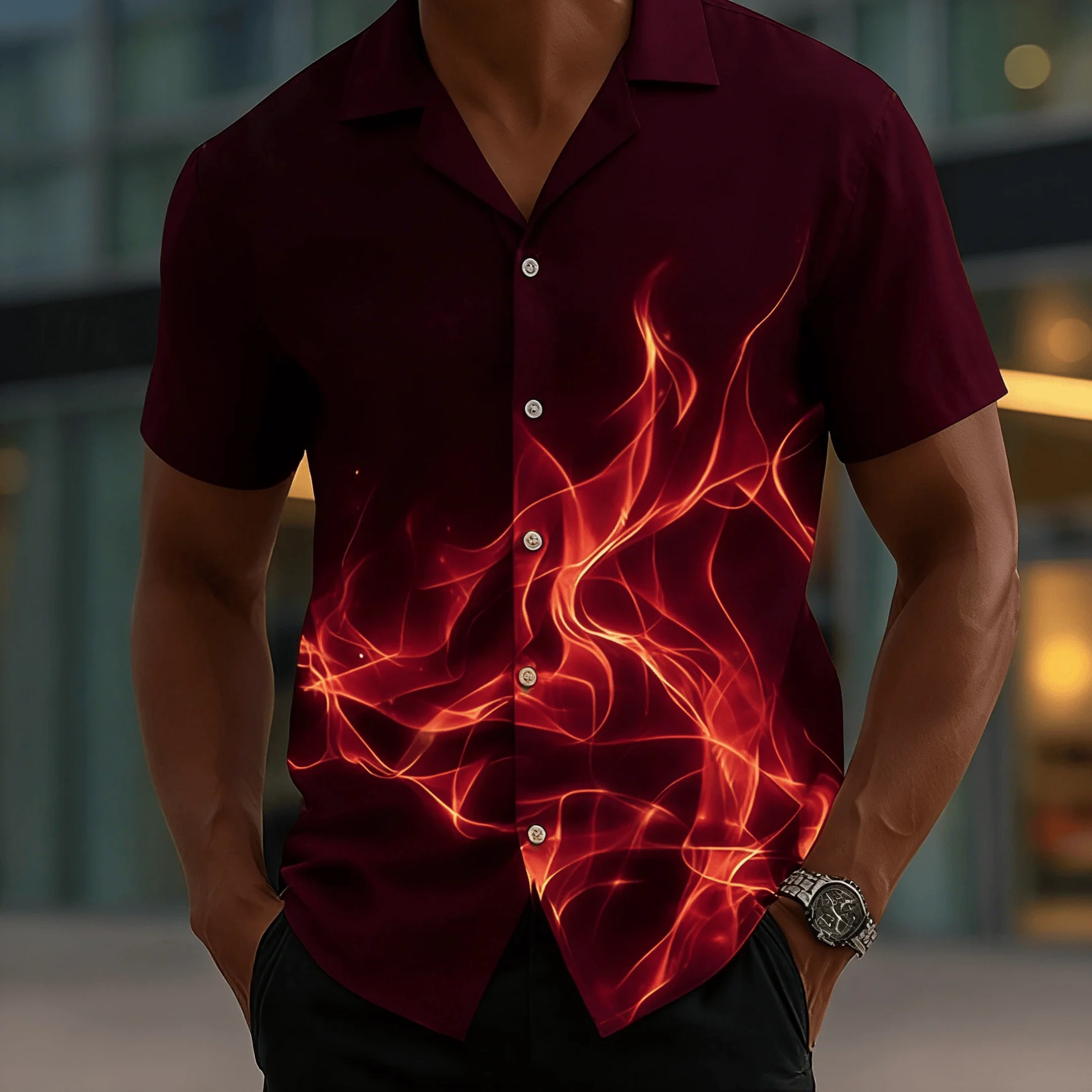 Personalized Colorful Flowing Flame Printed Short Sleeved Shirt for Men's Parties, Trendy Loose and Slimming Top