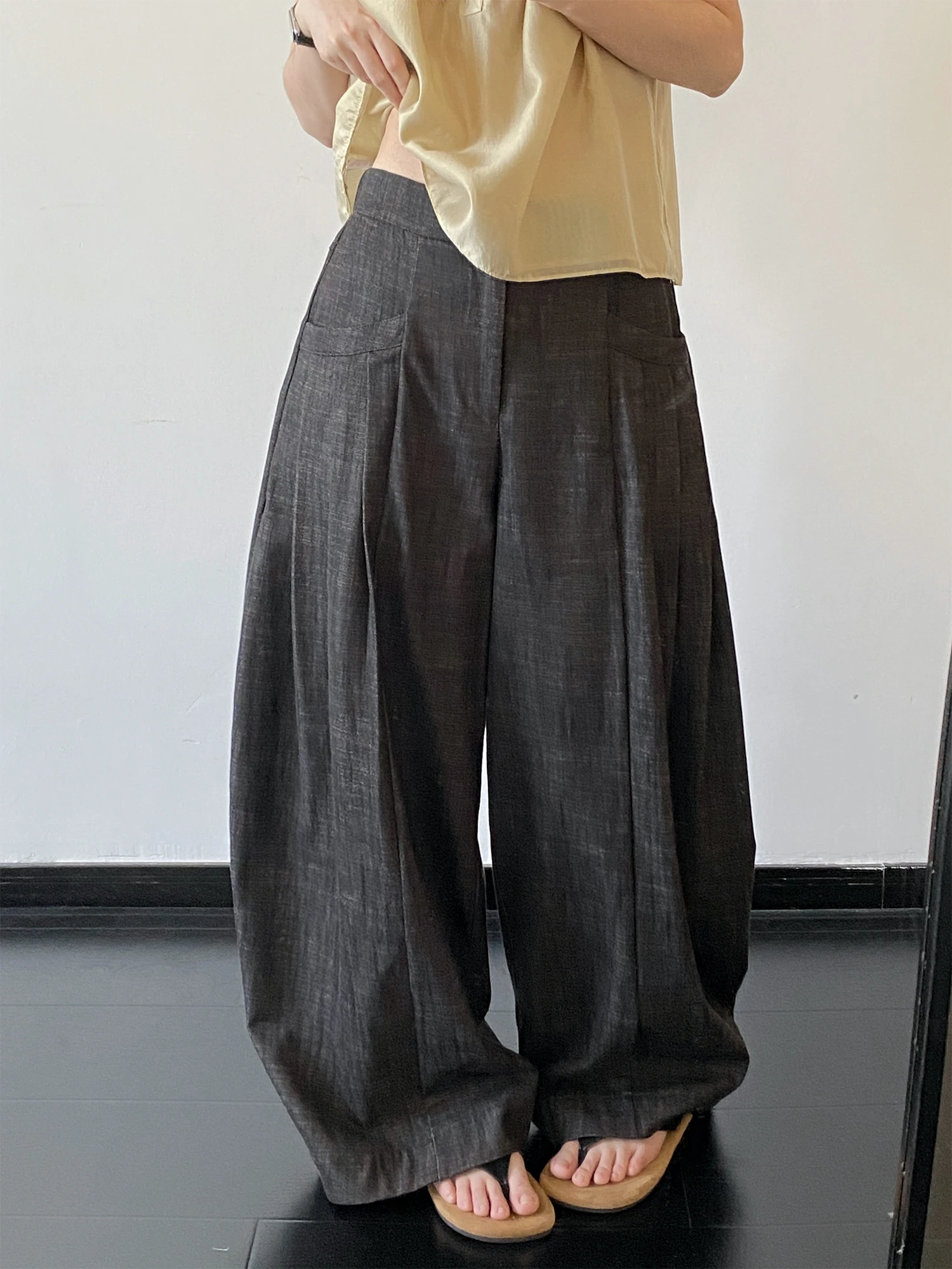 Loose Wide Leg Jeans Women's Casual Pants Draped Folded Hem Elastic Waist Floor-Length Commute Style Other Material