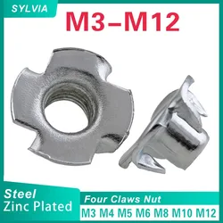 10/ 20/ 50pcs M3 M4 M5 M6 M8 M10 M12 Zinc Plated Four Claws Nut Speaker T-nut Blind Pronged Insert Tee Nut Furniture Hardware