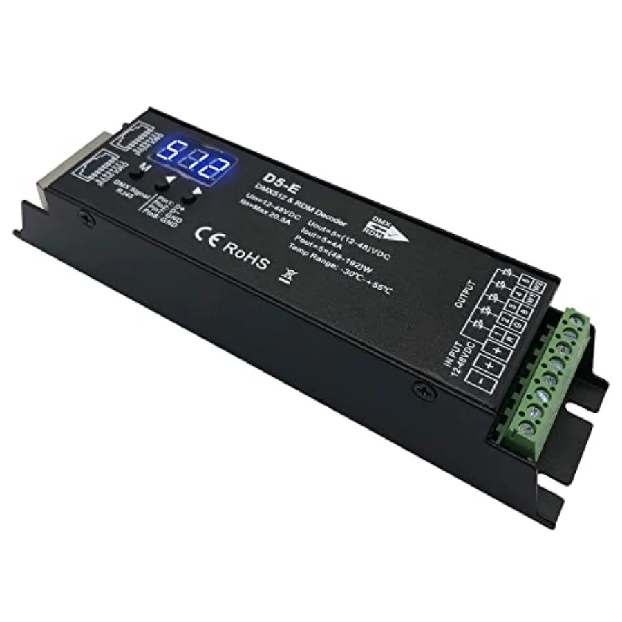 

5-канальный DMX-декодер с цифровым дисплеем RDM, диммер DMX512, контроллер светодиодов PWM RGBCCT для RGBWW, RGBW или 5-группового белого освещения