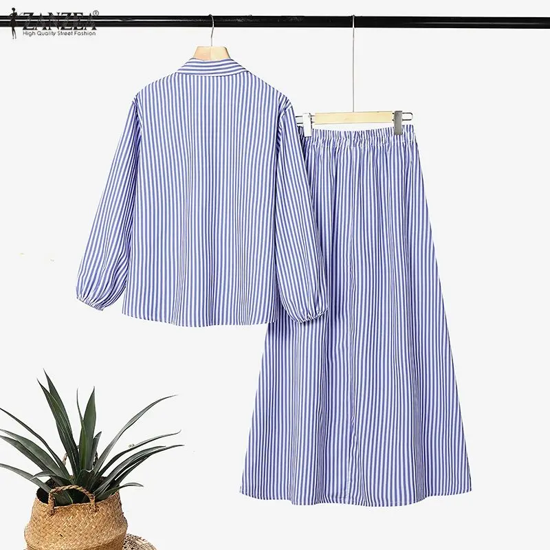 ZANZEA Women Muslim 2-Piece Sets Modest Loose Striped Long Sleeve Shirt & Elastic Waist Maxi Skirt Sets Islamic Hijabis Outfits