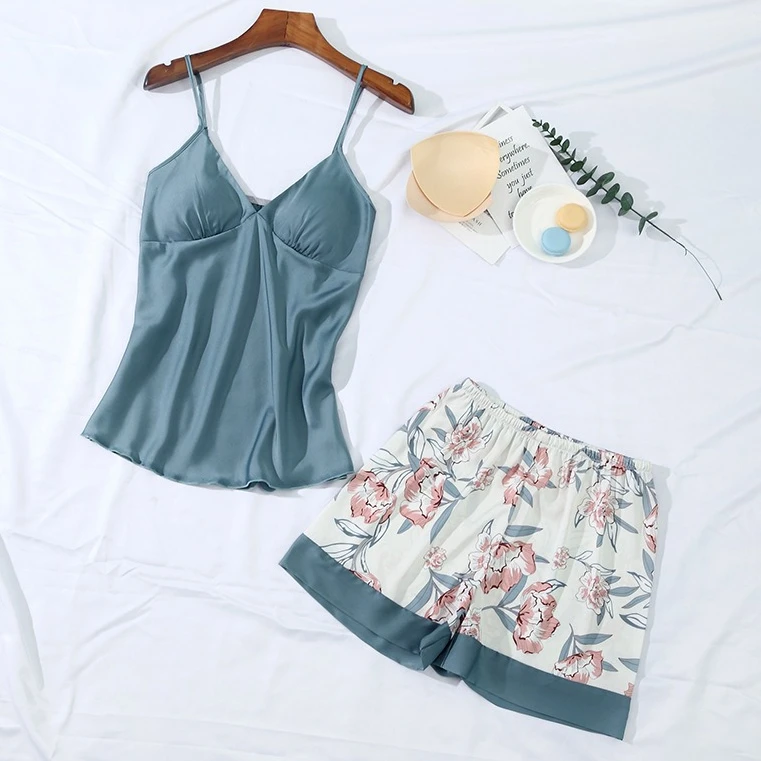 

Летний комплект пижам для женщин: сексуальный топ на бретельках и шорты, шелковистое атласное белье, домашняя одежда