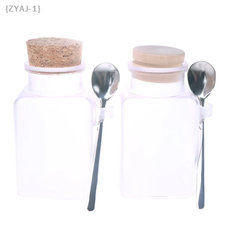{MX} 100/200 جرام جرة ختم فارغة من البلاستيك البلوري مع الفلين وملعقة من الفولاذ المقاوم للصدأ وقناع أملاح الاستحمام وعلب تخزين المواد الغذائية #5