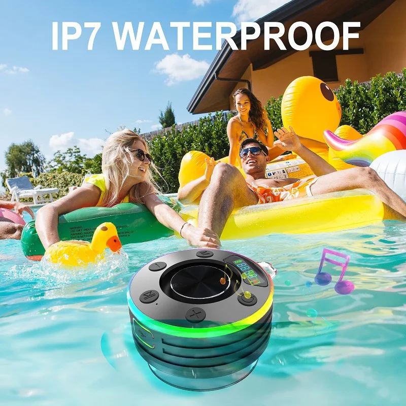 Hot-selling Small IPX7 Waterproof Blue Tooth Speakers Shower Speakers With Light Show,Microphone,Shower FM Radio,suction Cup