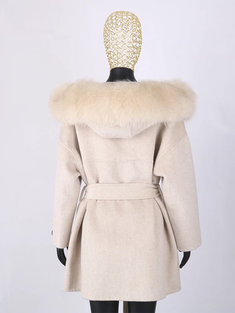 Furyoume Cashmere Wool Coat with Belt for Women Real Fox Fur Collar Long Jacket Loose Outerwear Winter Fashion New