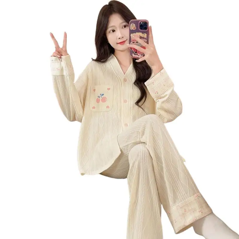 

New Hot Womens Pajamas Set with Chest Pad Long Sleeve Pants Cardigan Cotton Women Home Loungewear Sweet Spring Autumn Sleepwear