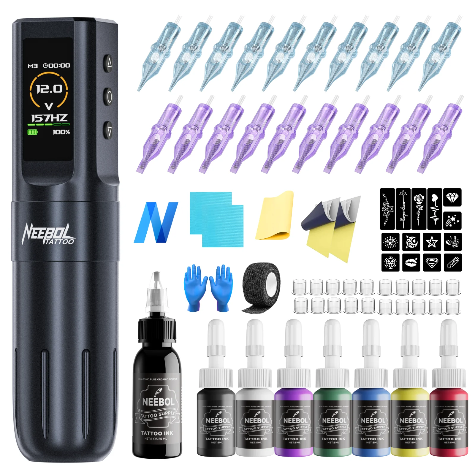 

Complete Tattoo Kit Rotary Machine, Neebol Wireless Tattoo Pen, Tattoo Gun, 7 Inks, 20 Cartridge Needles, Body Makeup Art Gift