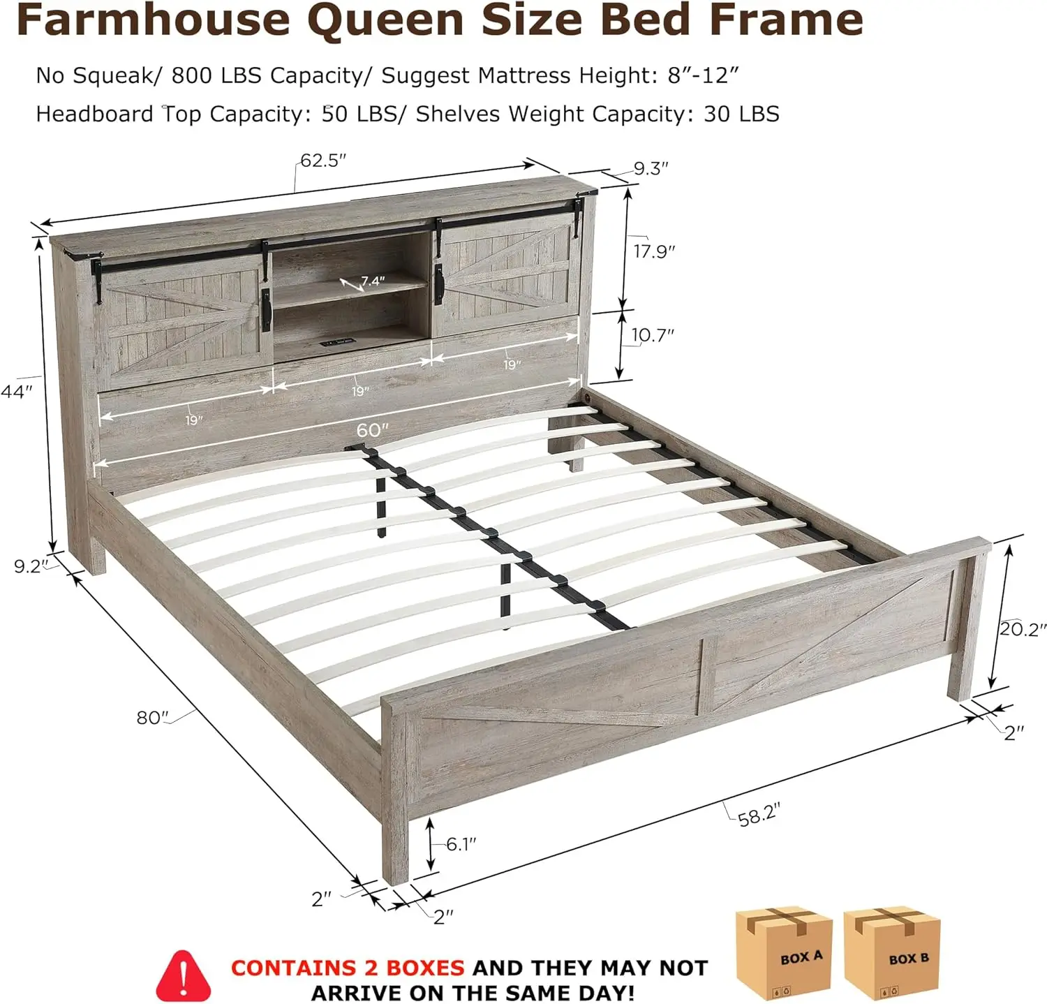 Marco de cama tamaño Queen de granja con cabecera de estantería de almacenamiento, puerta corrediza de granero, estación de carga, plataforma de madera rústica B
