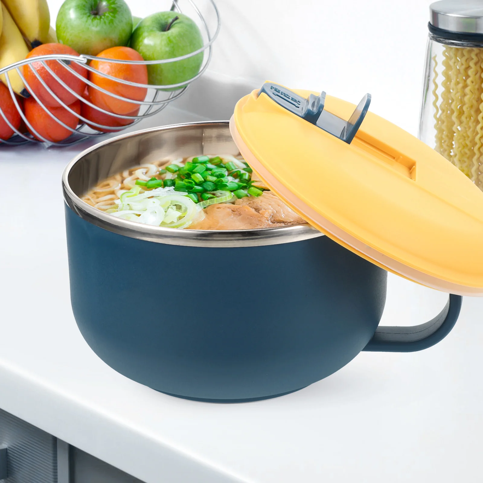 

Stainless Steel Ramen Bowl with Lid Wear Resistant Soup Rice Noodle Bowl Compact Microwave Safe for Home Restaurant
