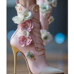 Pink Flower Decor Embroidery Ankle Boots Pointed Toe Shoes for Women Stilettos High Heels Elegant Shoes 2024 Zapatos Para Mujere