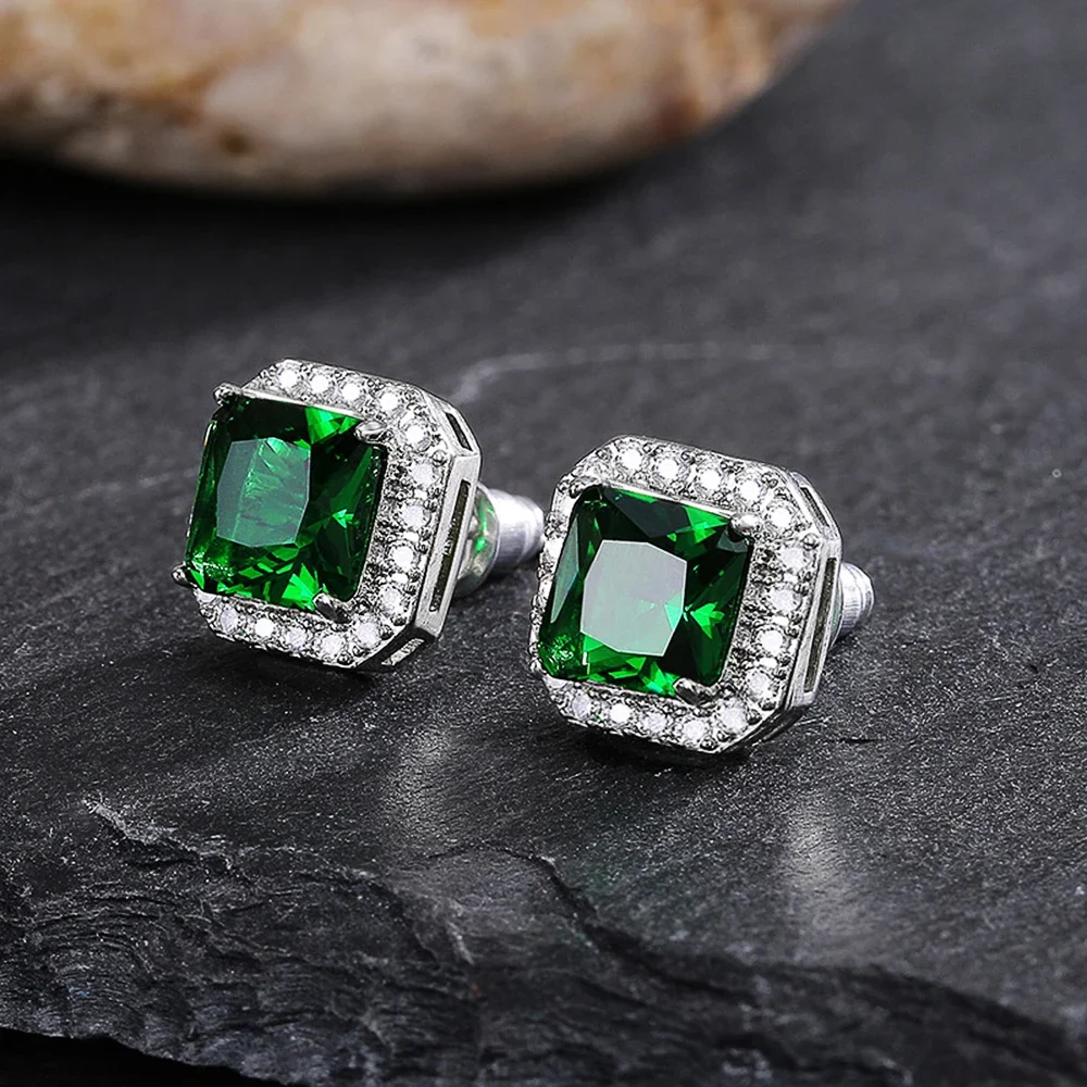 Square Green Zircon Earrings for Women\'s Elegant Party Anniversary Gift Eternal High Grade Sparkling White Crystal