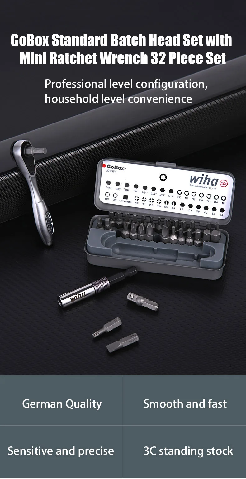 Wiha 32 Pieces GoBox Standard Batch Head Set, mini 72 Tooth Ratchet Wrench, Magnetic Batch Head 1/4 inch Precision Tool 74984