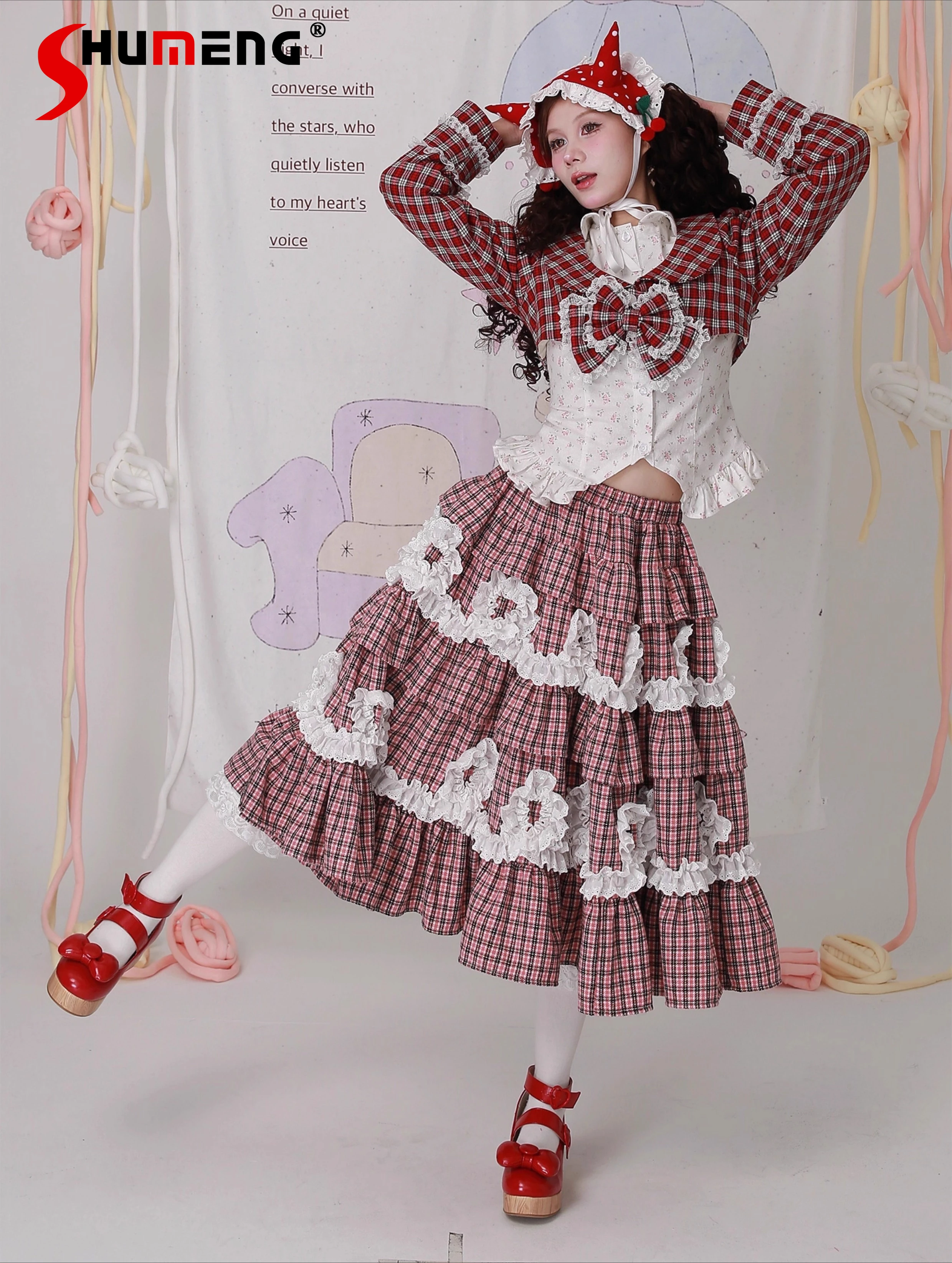 

Original Japanese Sweet Cute Girl Retro Plaid Cake Skirts Elastic High Waist A-line Lace Patchwork Lolita Long Skirt for Women