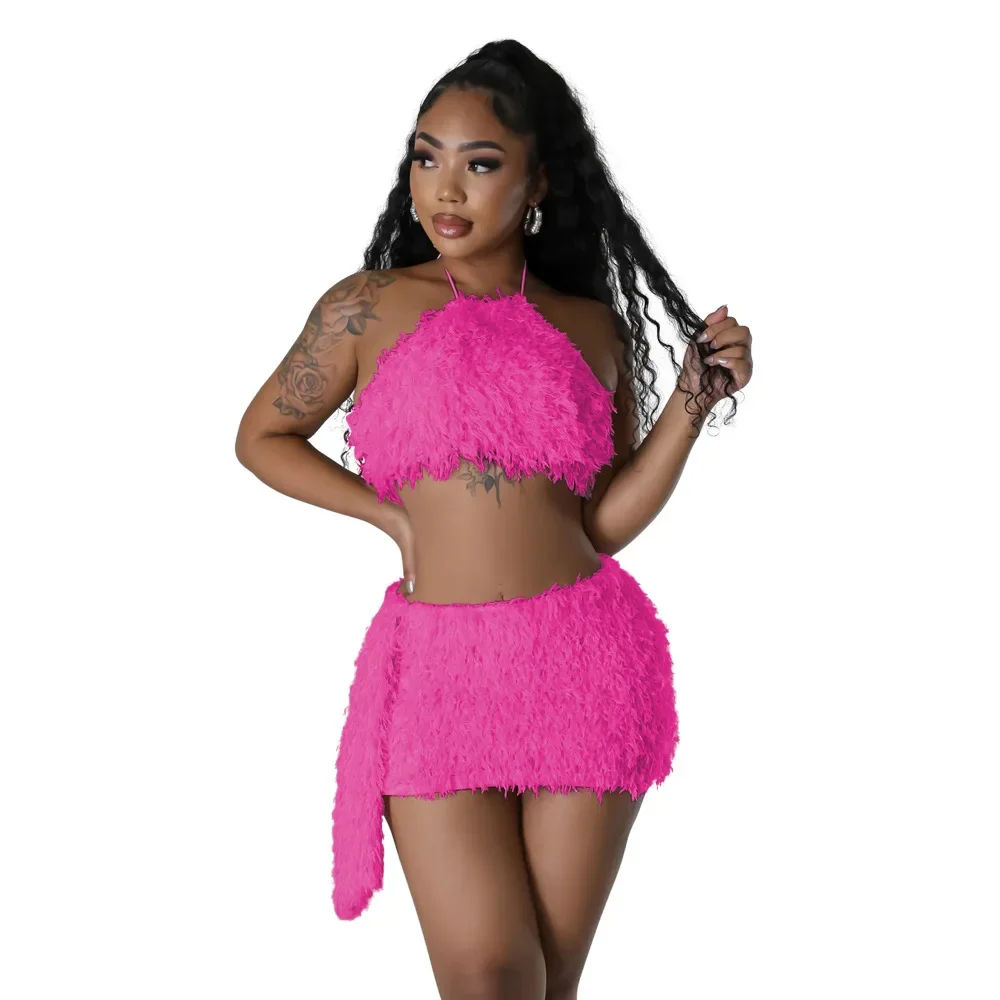 

Sexy Party Club Two 2 Piece Sets Night Club Outfit Women's Halter Neck Crop Top and Streamer Mini Skirts Birthday Matching Suit