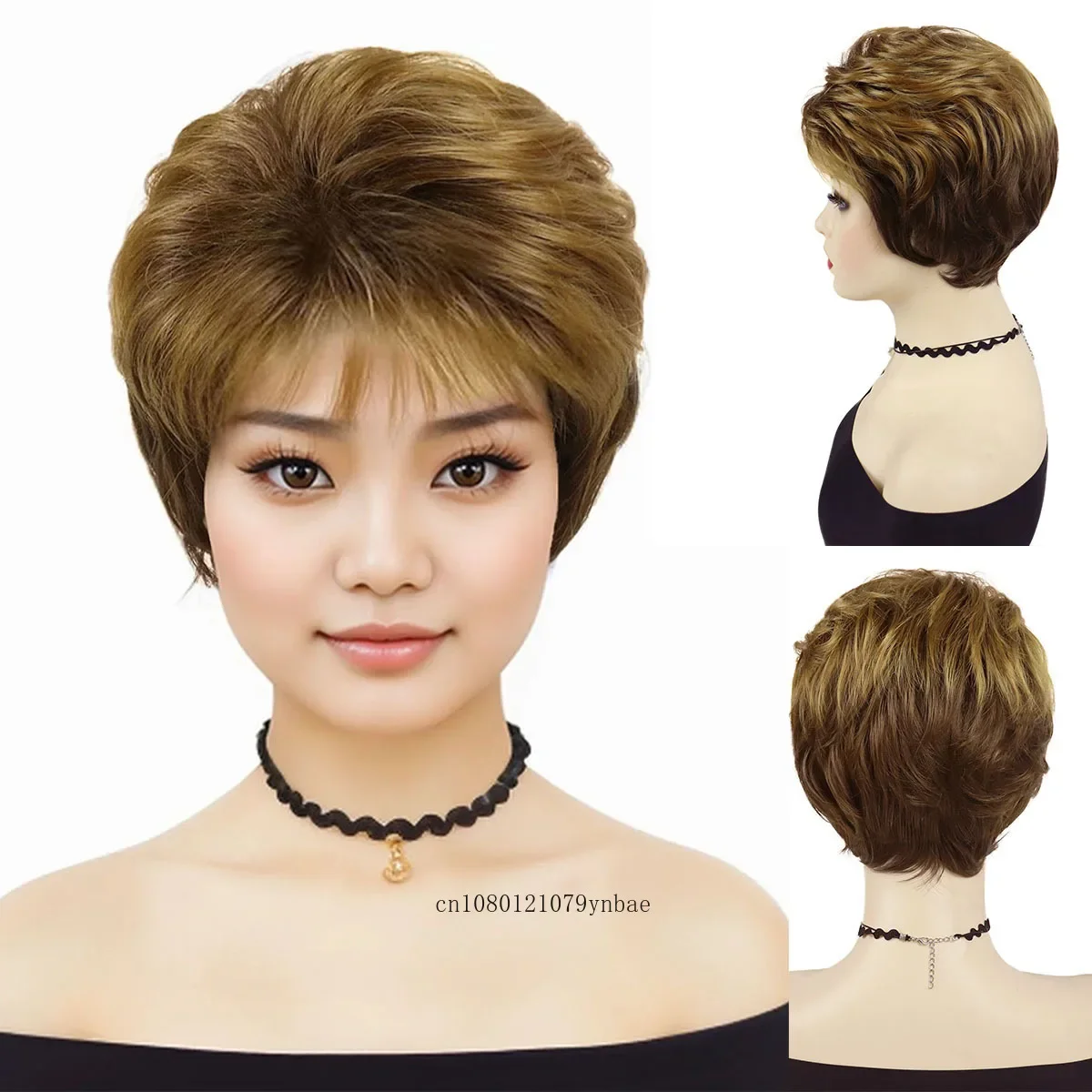 Blonde and Brown Synthetic Hair Wig with Bangs for Women Lady Short Curly Pixie Cut Wigs Daily Party Use High Temperature Fiber