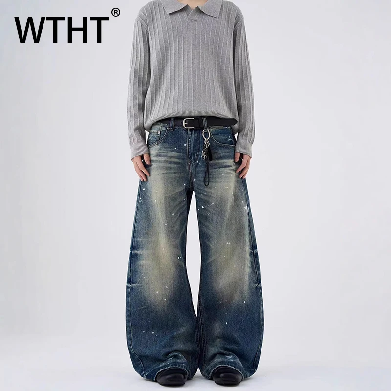 WTHT Vintage Men's Splash Ink Graffiti Wash Do Old Denim Pant Fashion American Style Wide Leg Loose Jean Male 2026 Summer 2A2992