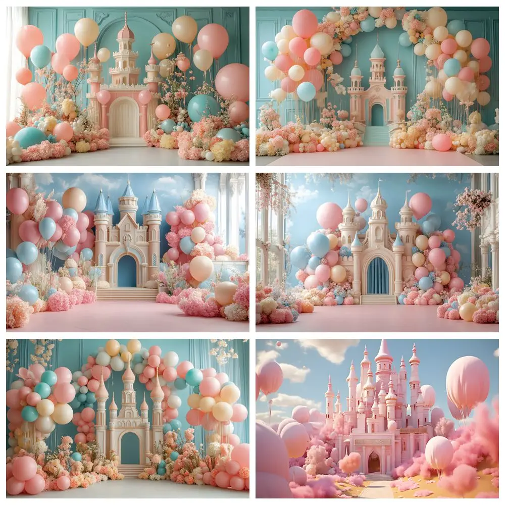 

Princess Girls Baby Shower Backdrop Pink Castle Balloons Kids Birthday Party Photography Background Photostudio Photobooth Props