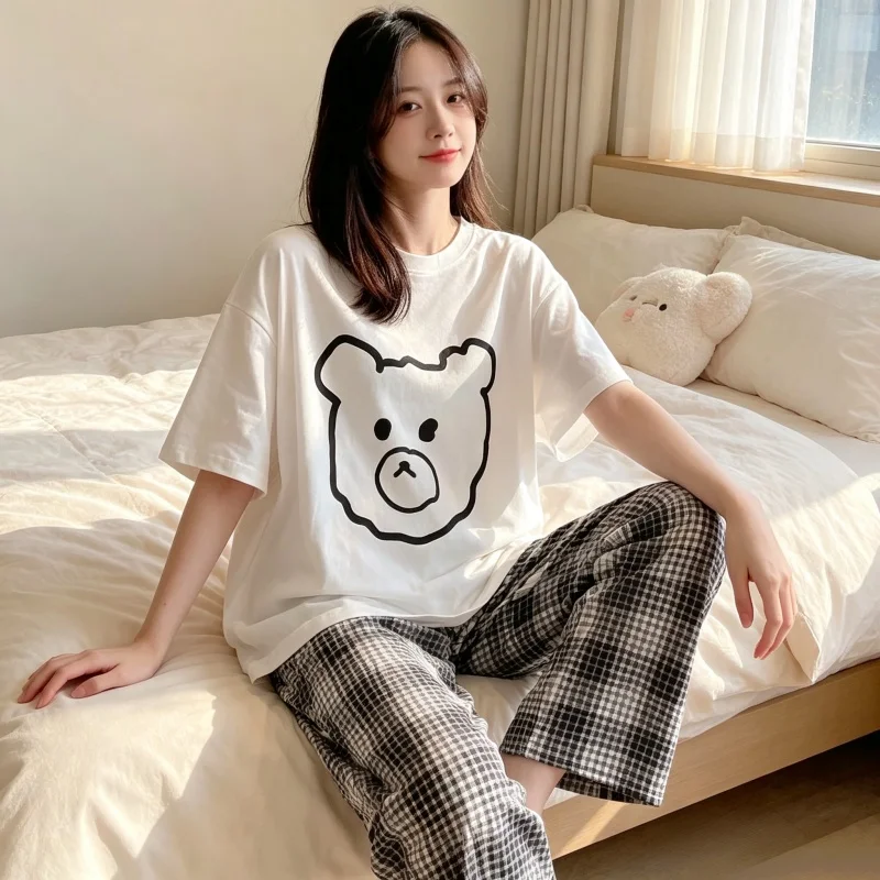 Women Kawaii Cartoon Bear Sleepwear Short Sleeve Top Black White Plaid Pants Set Loose Fit Daily Home Nightwear