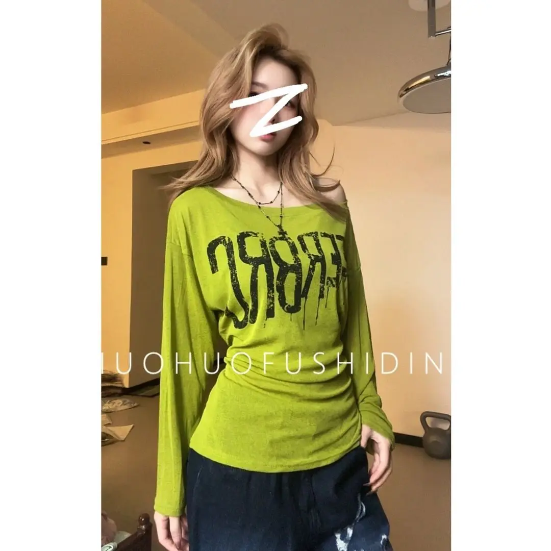 Women's Casual Long Sleeve Sheer T-Shirt Gothic Letter Print Sunscreen Cover Up Loose Fit American Style Y2K Oversized Blouse