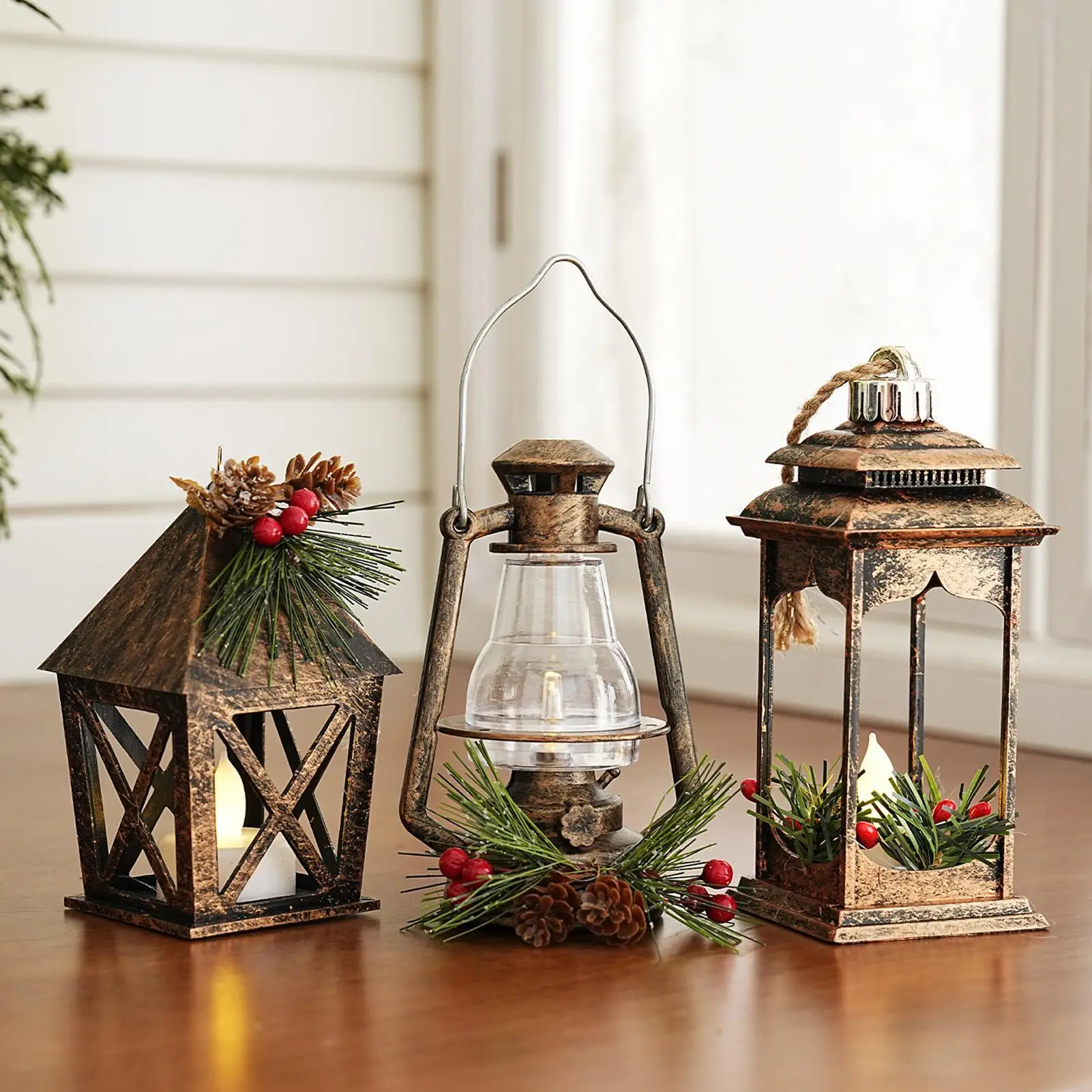 Christmas LED Lanterns Decorative Vintage Holiday Home Table Decor Christmas Lantern LED Candle Glow For Coffee Table Fireplace