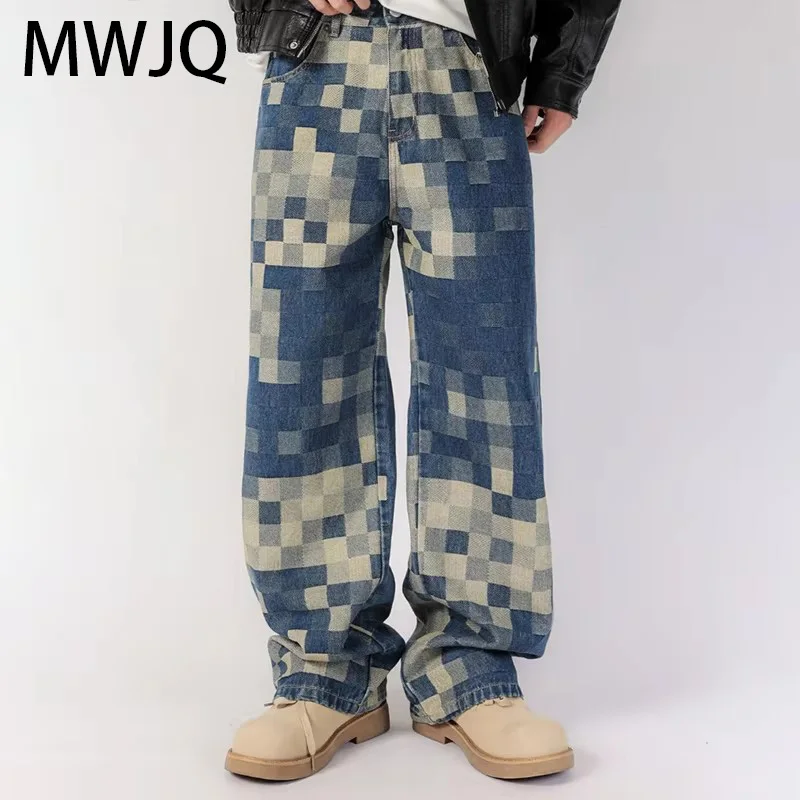 

MWJQ American Plaid Patchwork Design Male Vintage Jeans Men's High Street Heavy Trend Trousers Oversize Wide Leg Pants 010182