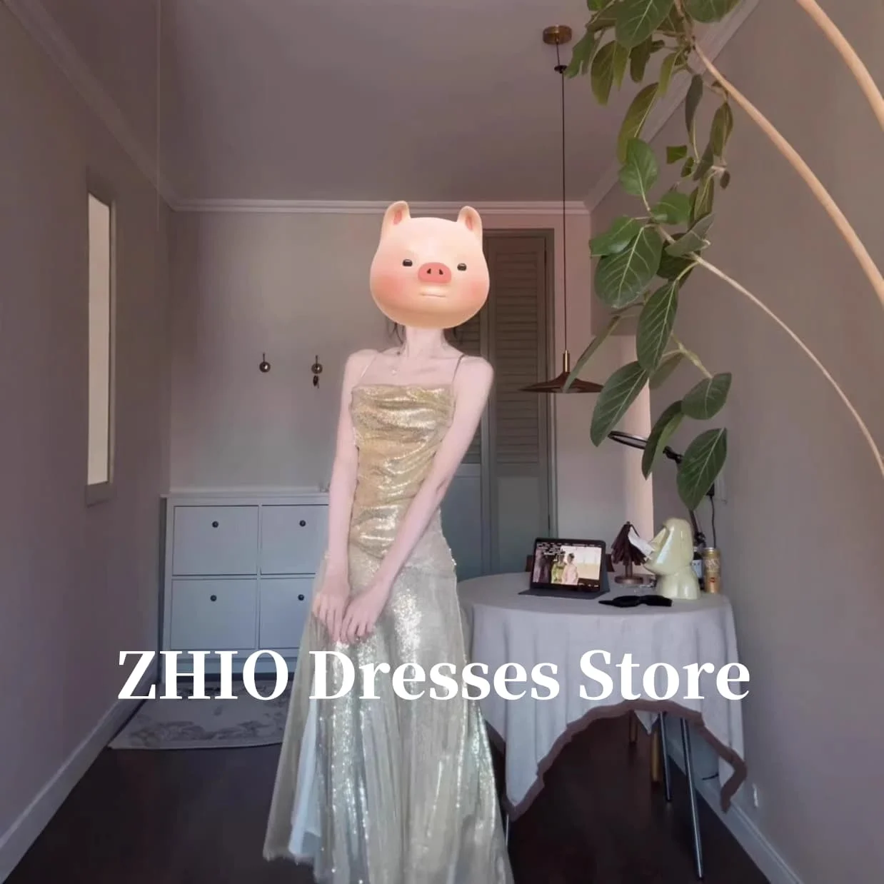 ZHIO Sparkly Gold Mermaid Evening Party Dresses Champagne Glitter Ankle Length Slim Lady Formal Prom Gowns Customized Straps