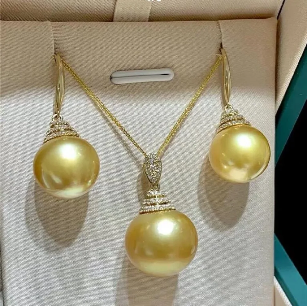 AAA+ 12-13mm Authentic s925 Silver Diamond Charm Rich Gold Sea Pearl earring set Pendant Necklace gift box