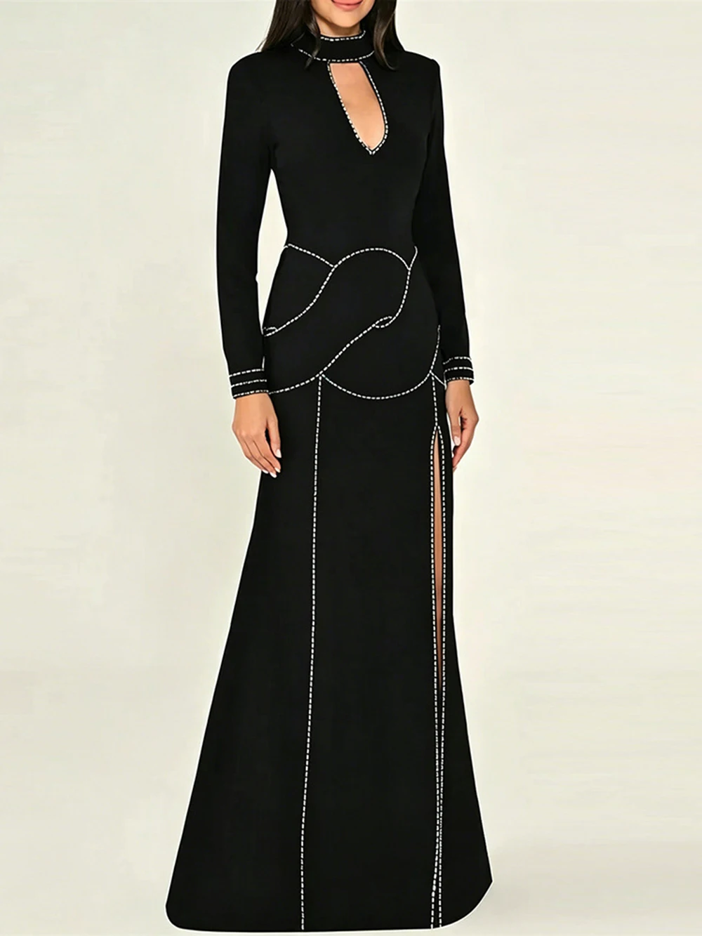 Modphy Black Evening Dress Long Sleeves Crystals backless Luxury Party Gowns for Women Split Elegant Wedding Party Gownty Dress