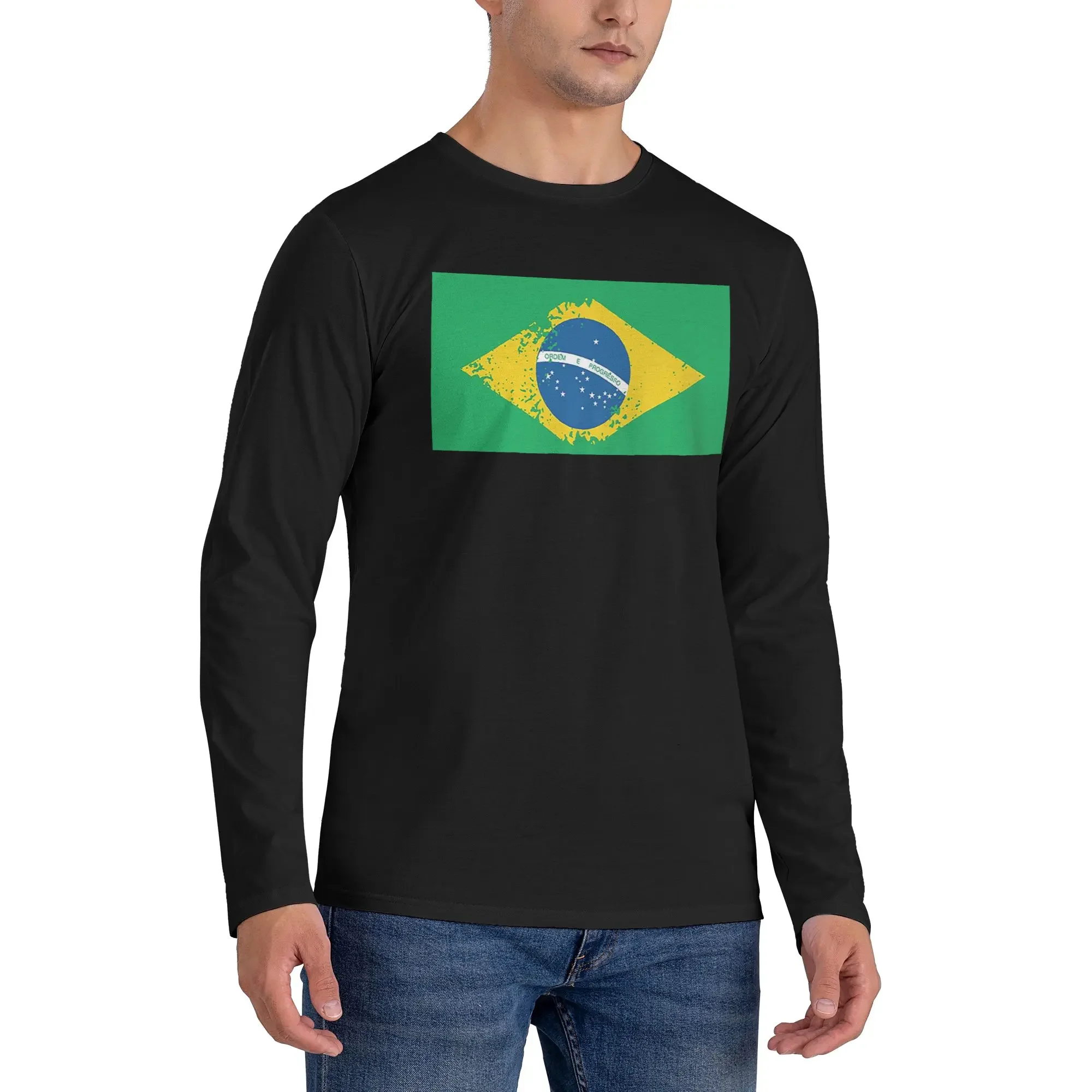 

Flag of Brazil Men's Long Sleeved T-shirt Casual Round Neck T shirts Spring and Autumn Men tops