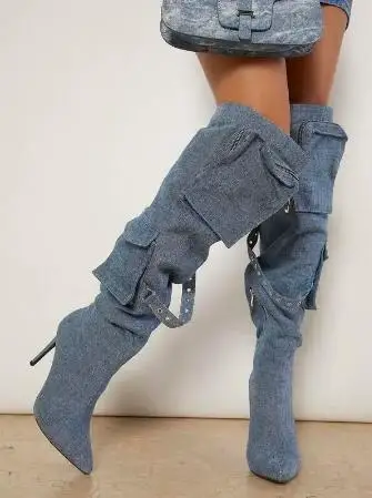 New Women Blue Denim Jeans Pointed Toe Pocket Design Long Strap Thin Heels Over The Knee Boots Street Style Long Boots Shoes