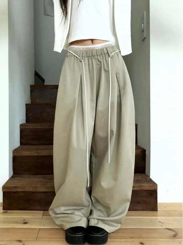 Korean Style High Waist Drawstring Wide Leg Pants Lace Splicing Casual Loose Slimming Casual Pants Street Style Spring Autumn